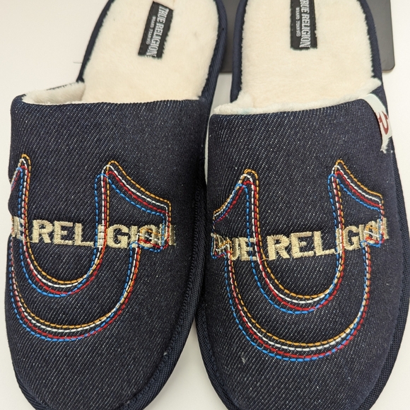 BNWT True Religion Men's (Size Medium 9-10) Denim Slide-In Slippers - Picture 3 of 15